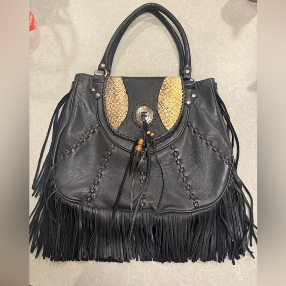 Black and Tan Fringe Leather Handbag - Picture 1 of 3